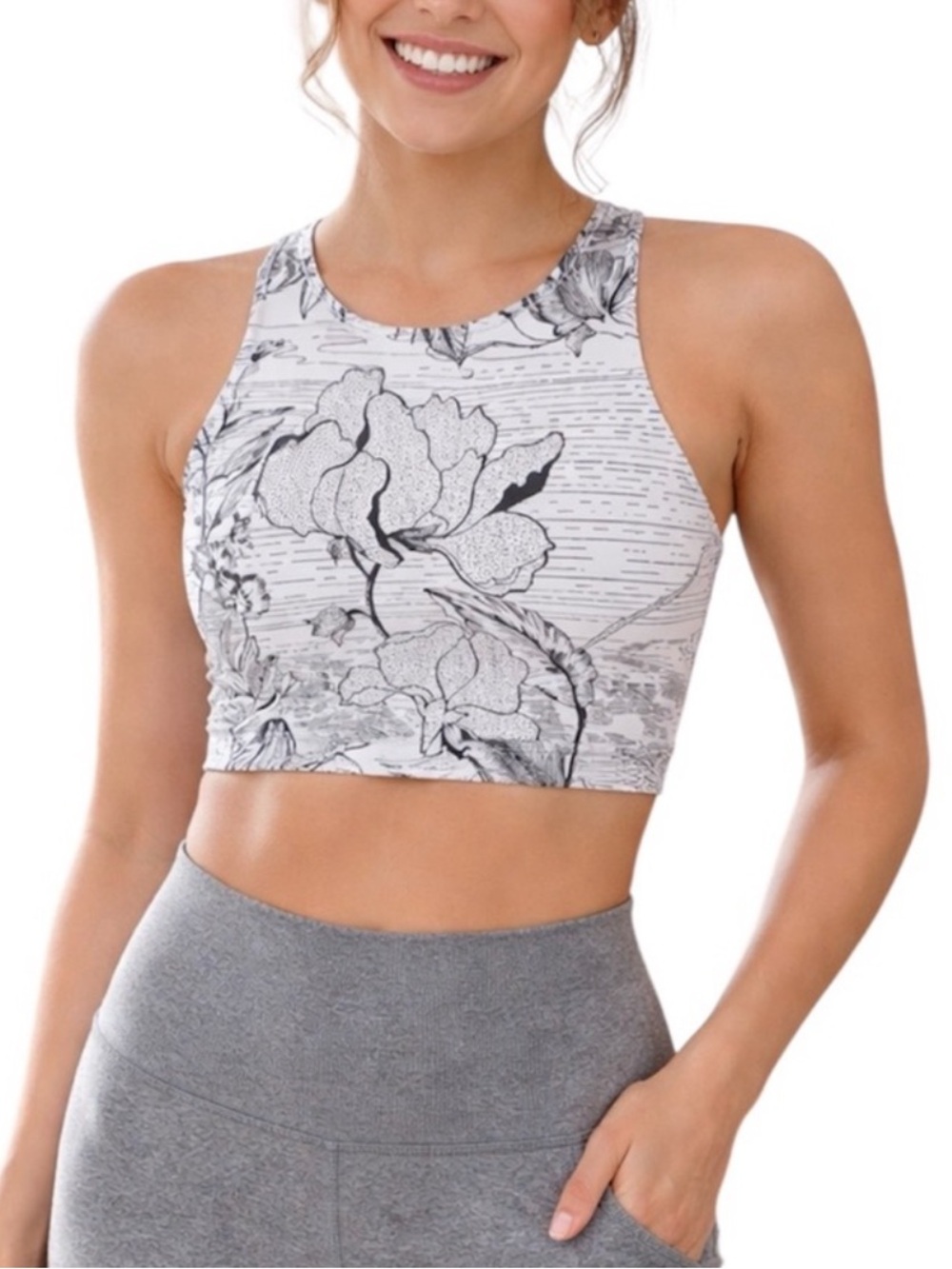 Athleta White Floral High-Neck Cropped Sports Bra